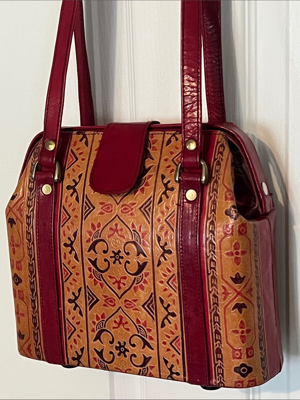 Vintage Tooled Leather Embossed Hardshell Handbag